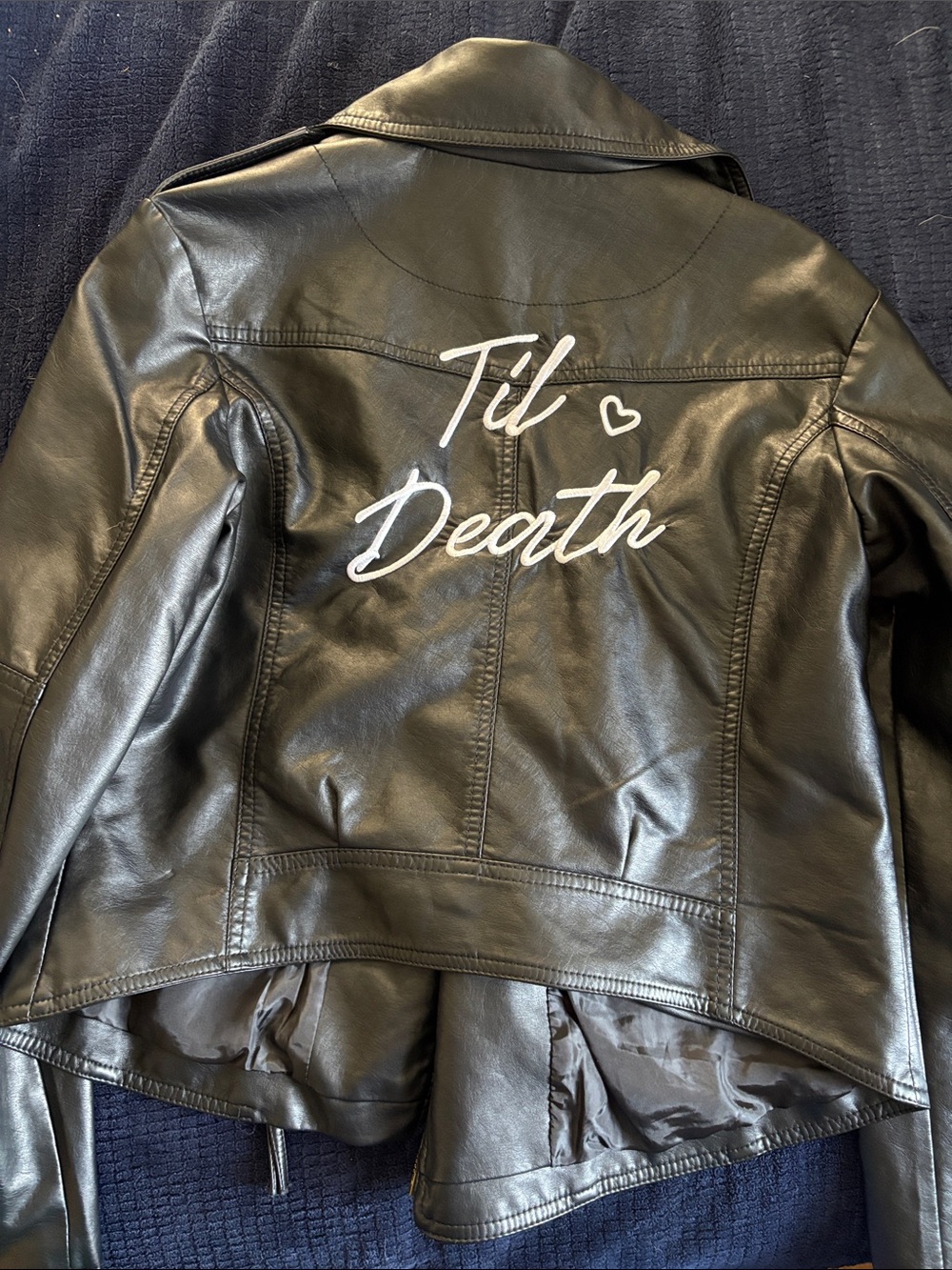 David's Bridal Black Faux Leather Jacket with White 'Til Death' Script